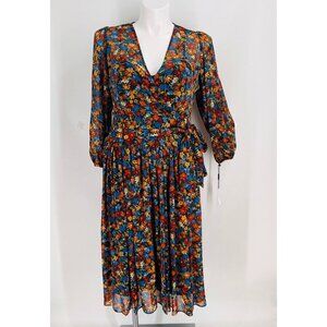 Calvin Klein Surplice Neck Faux Wrap Midi Dress Size 10 3/4 Sleeve Floral Print